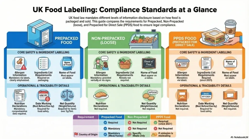 Overview of UK food labelling compliance standards for Prepacked, Non-Prepacked, and PPDS foods including safety and traceability details.