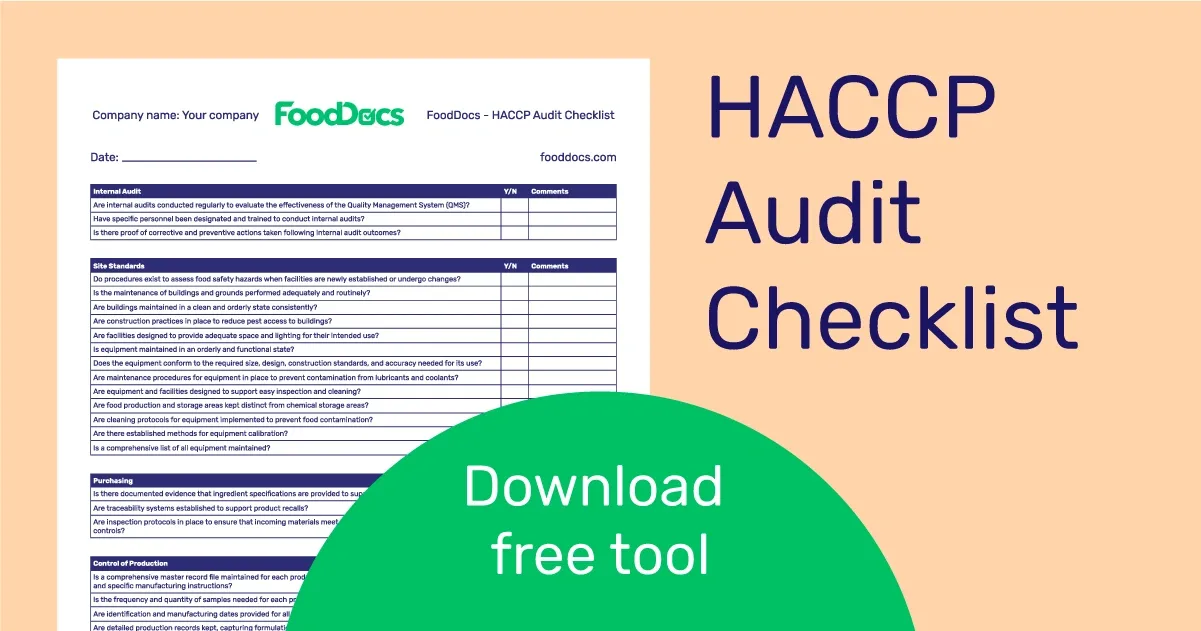 HACCP Audit Checklist form by FoodDocs for food safety evaluation with a free download prompt.
