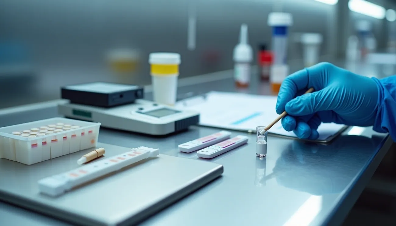 Allergen-Specific vs Protein Testing Detection: Method Selection for Different Applications 1 Gloved hand handling a vial with testing strips and lab equipment on a stainless steel surface in a clinical setting.