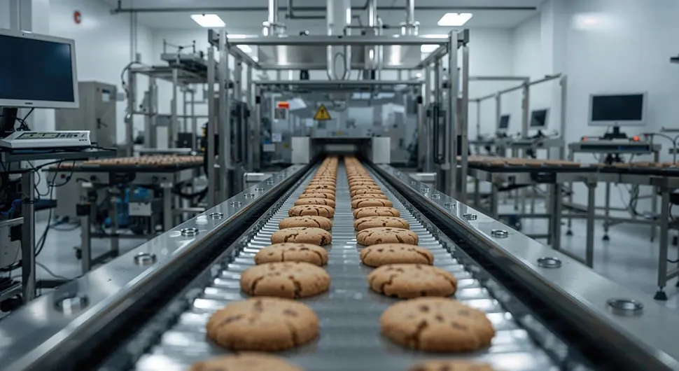 Chocolate chip cookies moving on a conveyor belt in a food processing factory with machinery and monitors in the background.
