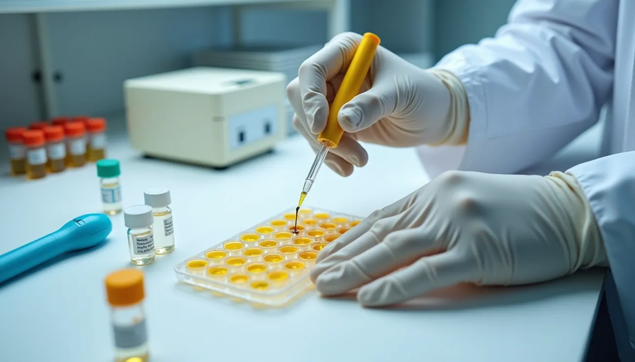 ELISA Allergen Testing Verification: Laboratory Methods and Detection Capabilities 1 Scientist in gloves using a pipette to add samples to a 96-well ELISA plate for allergen testing in a lab.