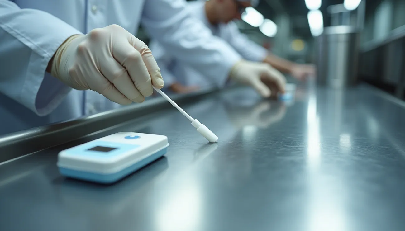 Gloved hands using protein swabs and a testing device on a stainless steel surface for allergen verification.