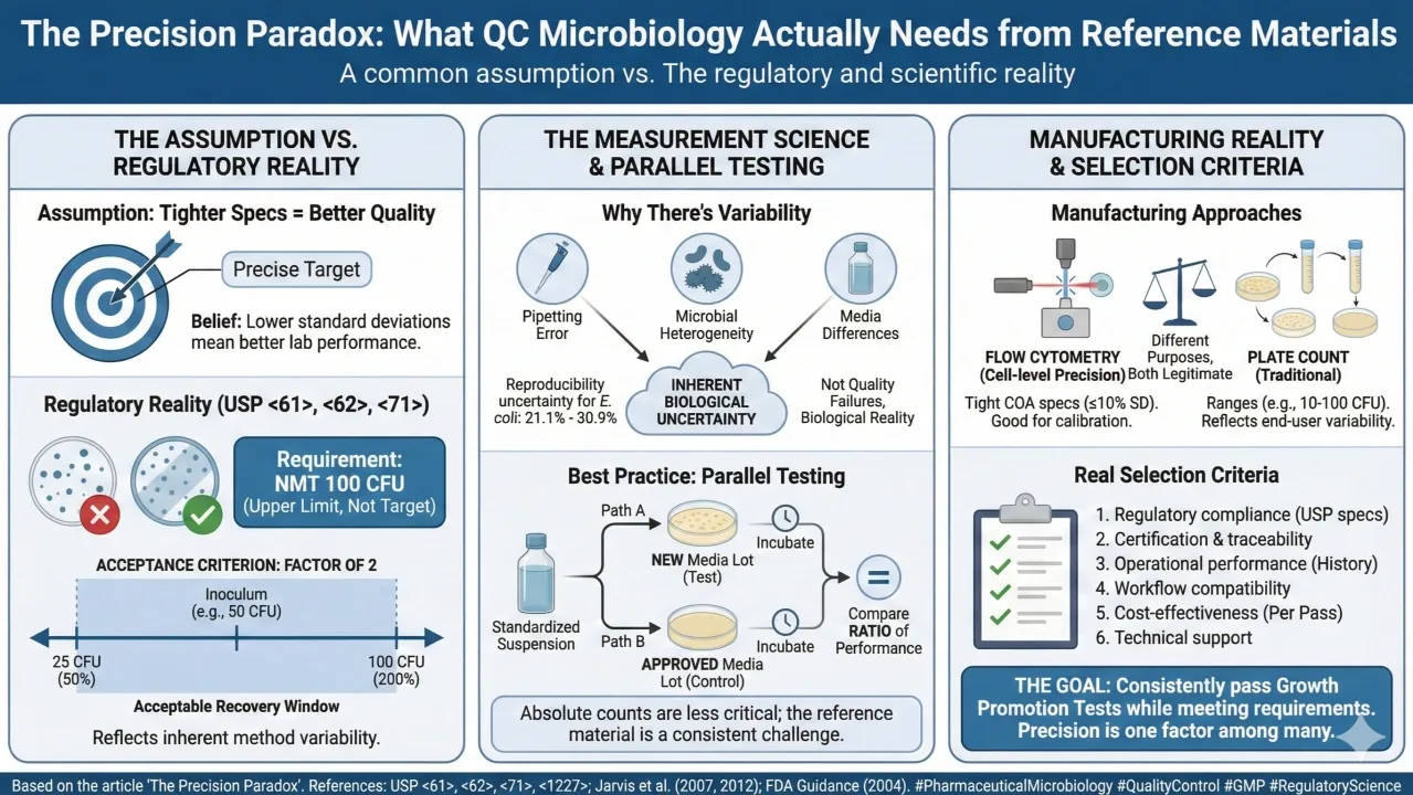 Infographic explaining QC microbiology challenges with assumptions, measurement variability, and manufacturing criteria for cleaning validation.