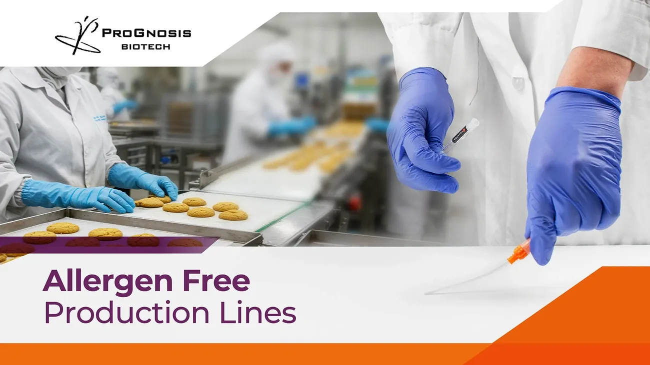 Gloved workers inspecting cookies on an allergen-free production line in a biotech lab setting.