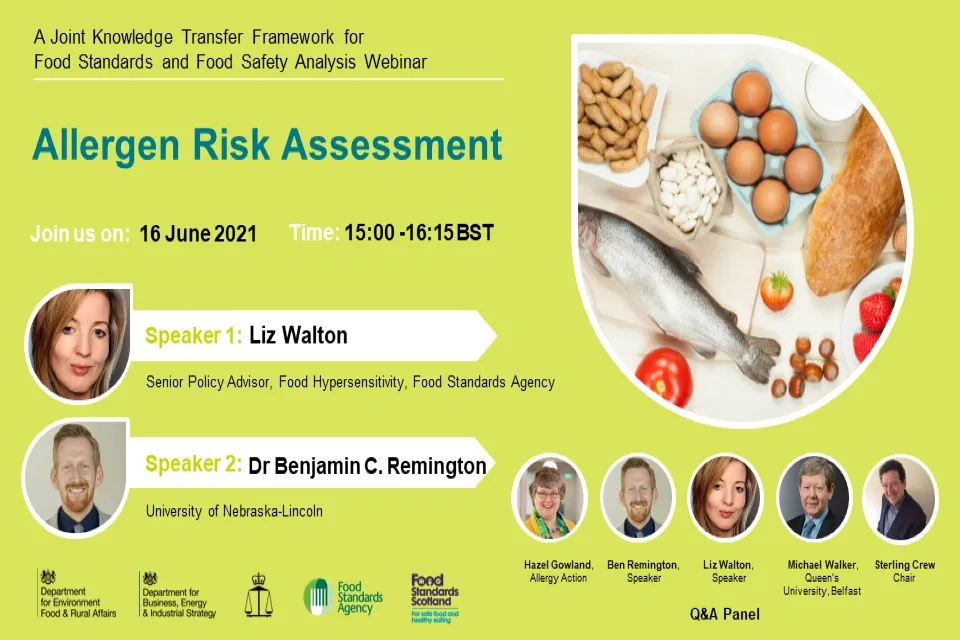 Webinar poster for Allergen Risk Assessment with speaker details and food allergen images including fish, eggs, nuts, and bread.