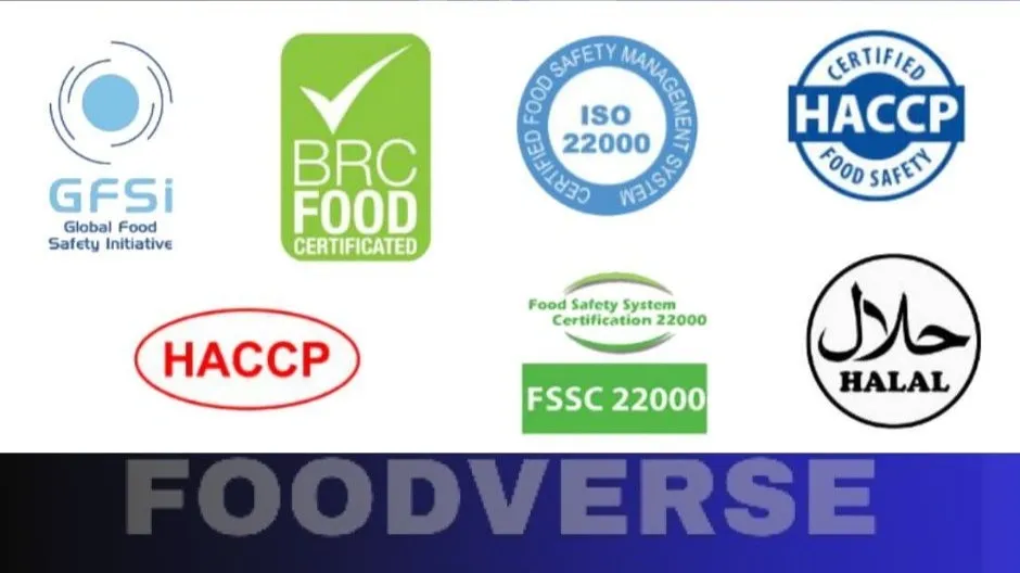 Logos of major food safety and quality certifications for SMEs including GFSI, BRC, ISO 22000, HACCP, FSSC 22000, and Halal.