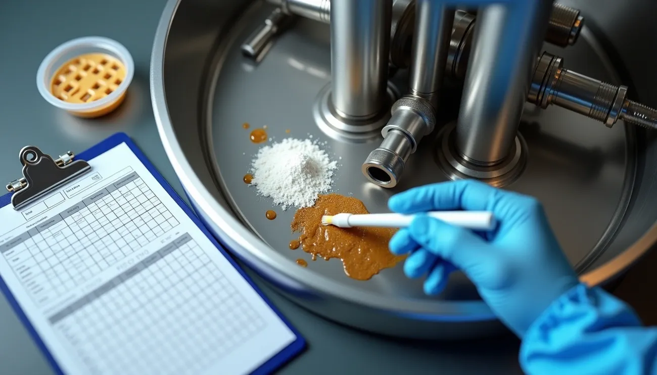 Gloved hand testing allergen residues on industrial equipment with powdered and liquid contaminants and data sheet nearby.