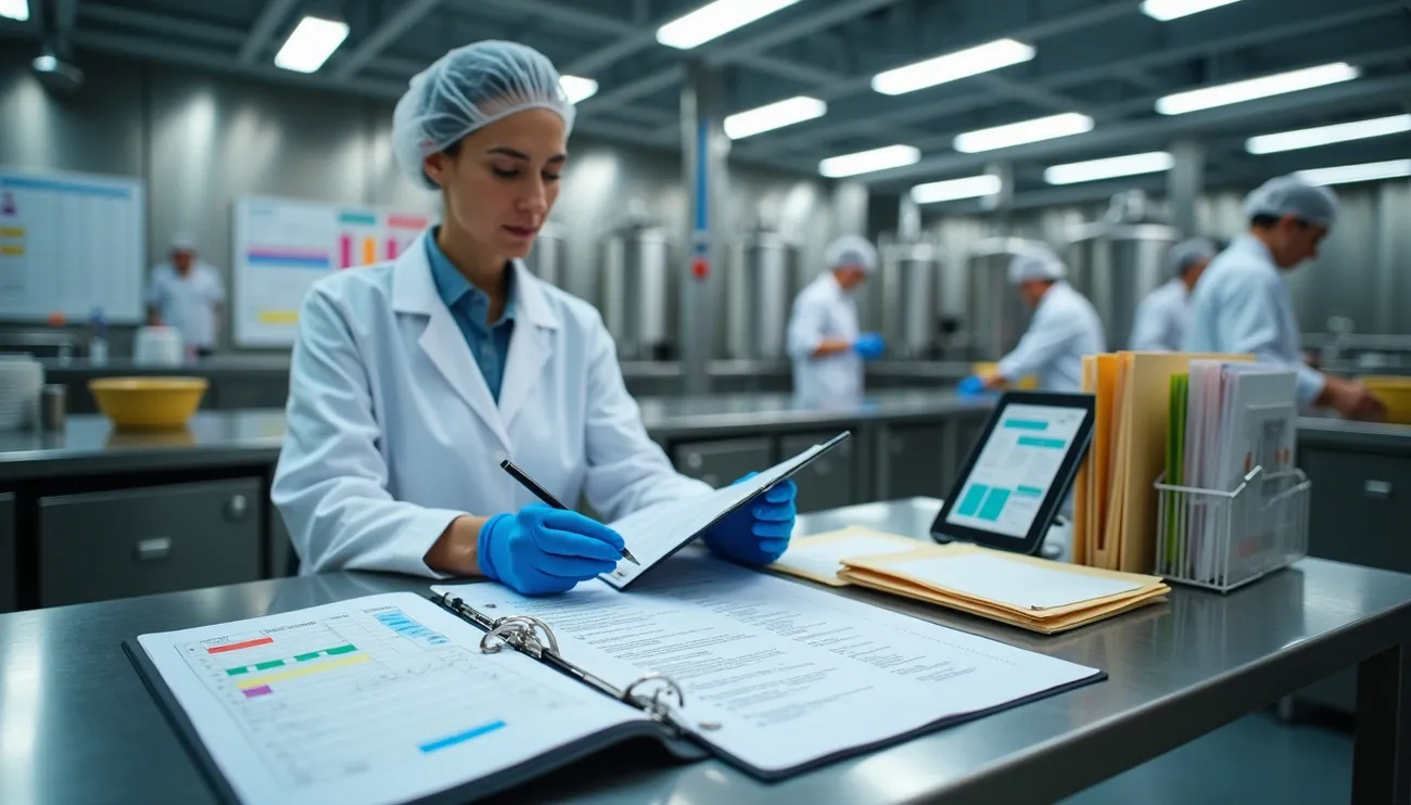 Food safety worker in protective gear reviewing allergen control documents in a factory setting with digital and paper records.