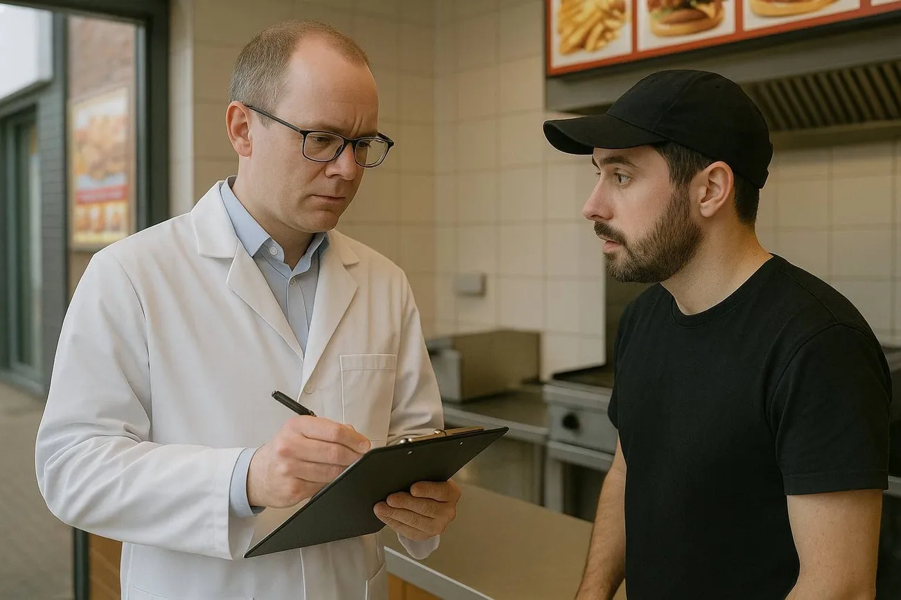 Food inspector in white coat writing on clipboard while talking to cafe worker in black shirt and cap in kitchen