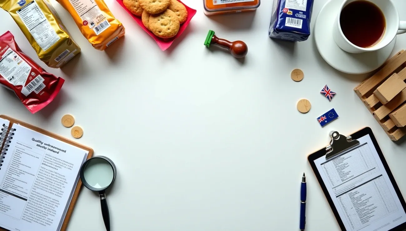 Flat lay of food packages, allergy checklists, UK and EU flags, and a cup of tea on a white table for allergen management.