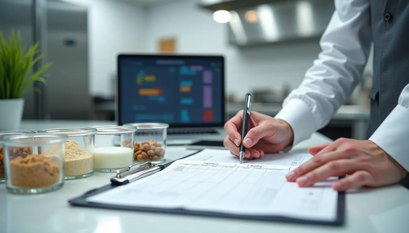 Person filling out allergen information form with samples of food ingredients and laptop in the background