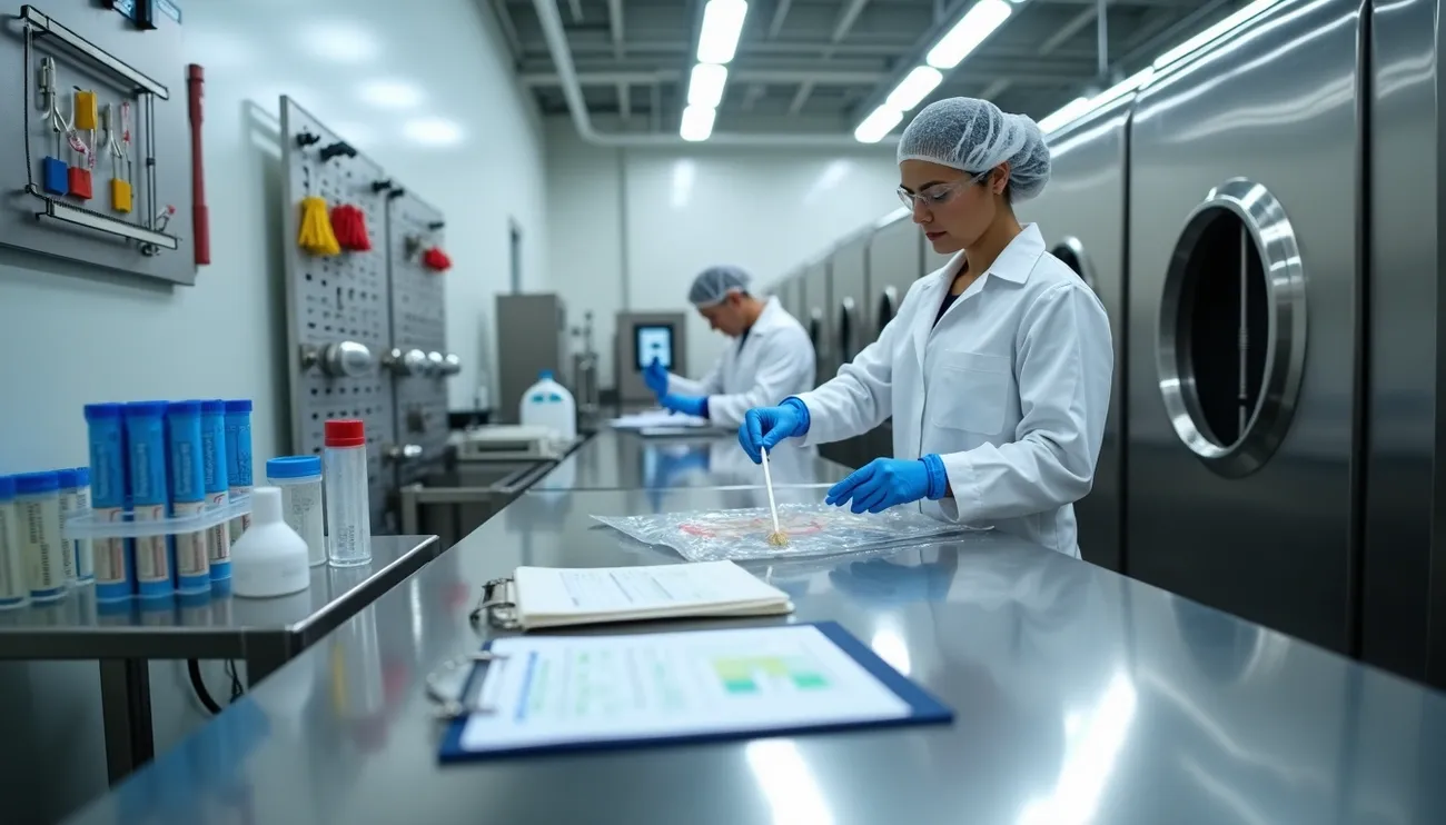 Laboratory technicians in clean attire perform allergen cleaning validation testing using swabs and documentation in a sterile lab setting.