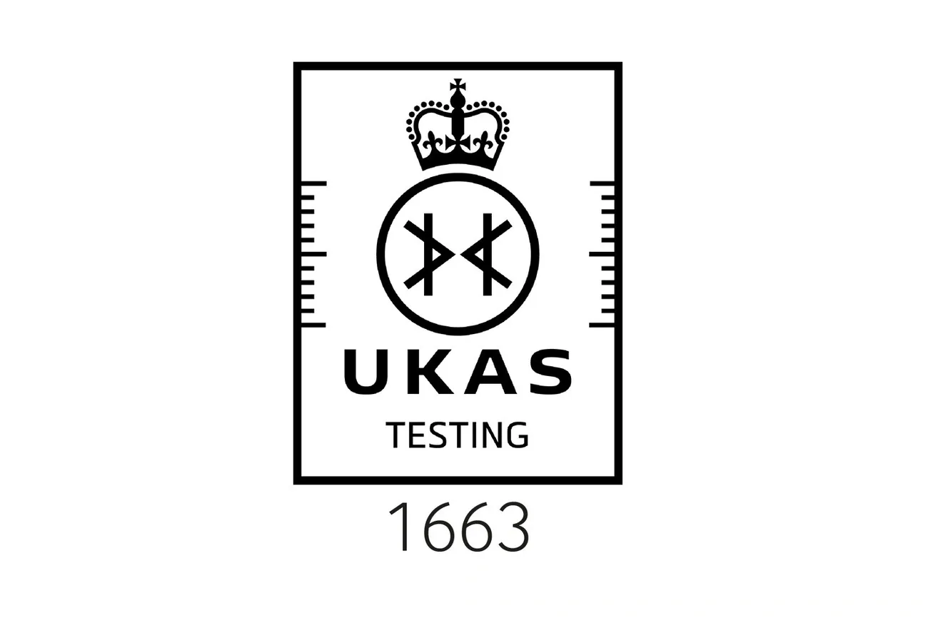 UKAS Testing logo with crown symbol and accreditation number 1663 in black and white design