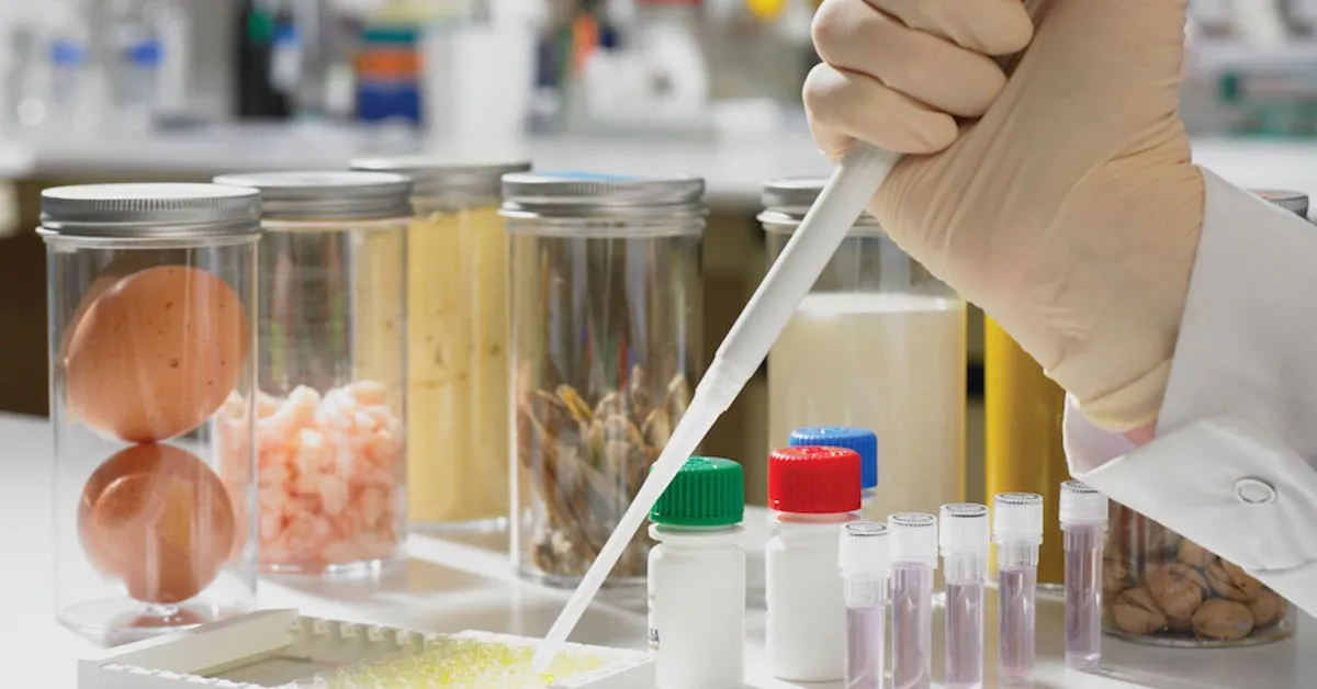 Gloved hand using a pipette for allergen testing with jars of common allergens like eggs, shrimp, and milk in the background.