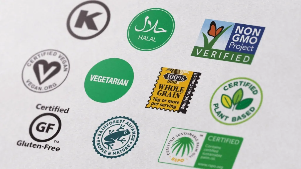 Various certification logos including Halal, Kosher, Non-GMO, Vegan, Vegetarian, Gluten-Free, Whole Grain, Plant Based, and Rainforest Alliance.