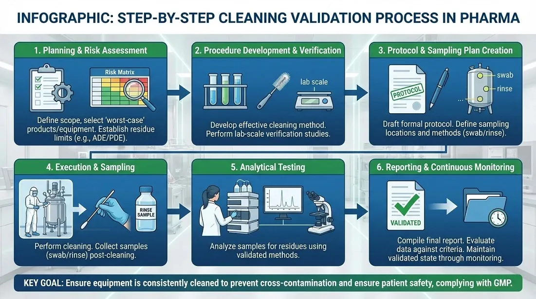 Step-by-step infographic outlining cleaning validation process in pharma from planning to continuous monitoring and reporting.