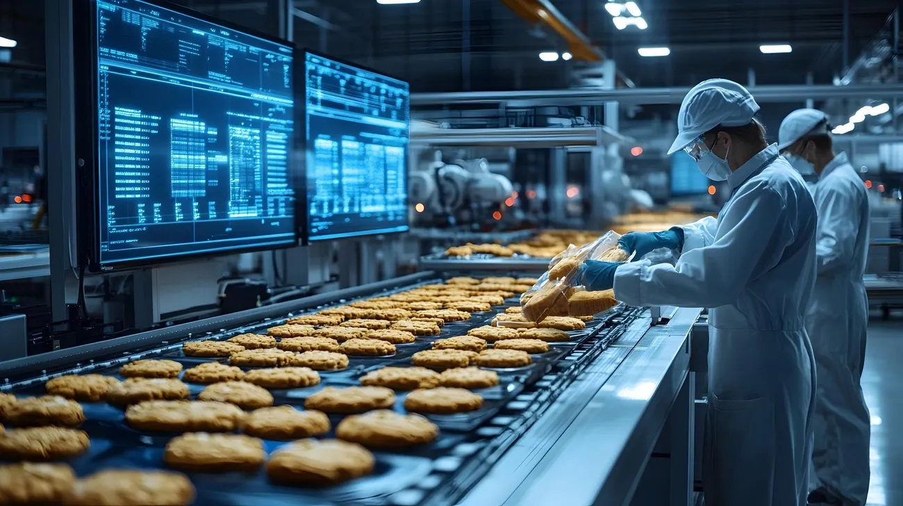 Workers in protective clothing inspecting cookies on a food processing line with digital monitoring screens in the background.