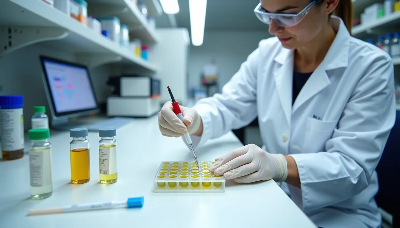 Scientist in a lab coat performing allergen testing with pipette and samples in a UKAS-accredited laboratory setting.