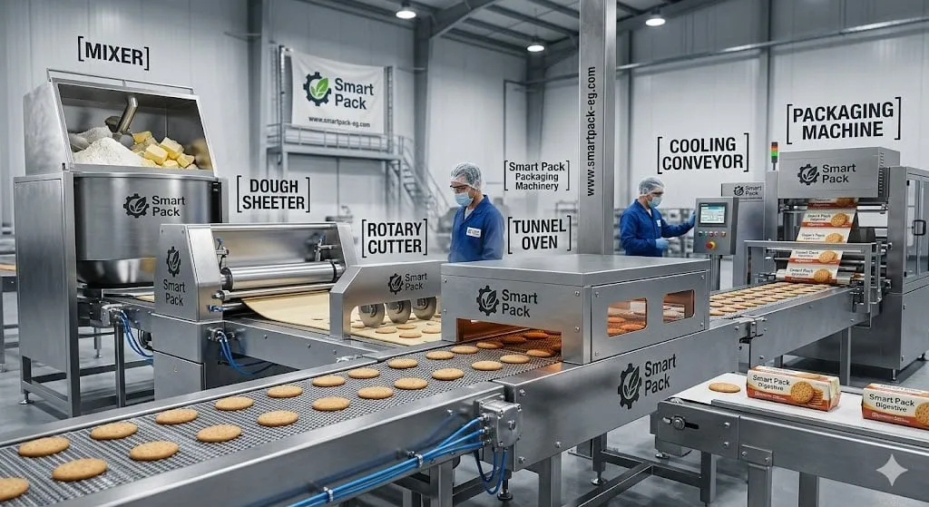 Automatic biscuit production line with mixer, dough sheeter, rotary cutter, tunnel oven, cooling conveyor, and packaging machine.
