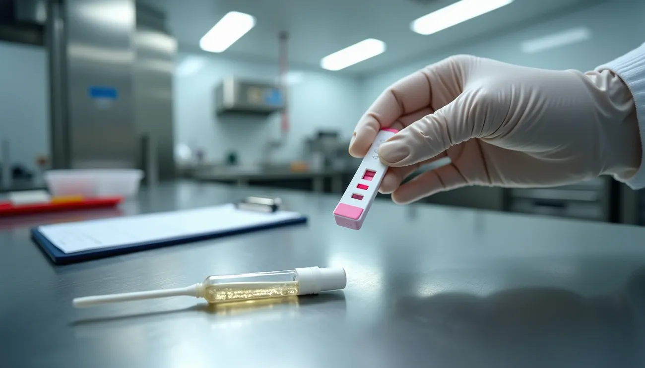 Gloved hand holding an allergen-specific lateral flow test device over a lab table with a sample vial in a clinical setting.