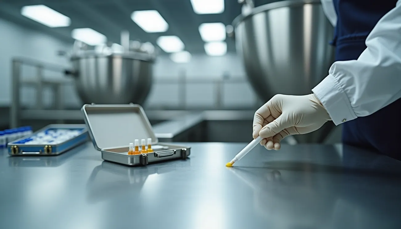 A gloved hand using a swab to visually inspect a stainless steel surface for allergen residue in a lab setting.
