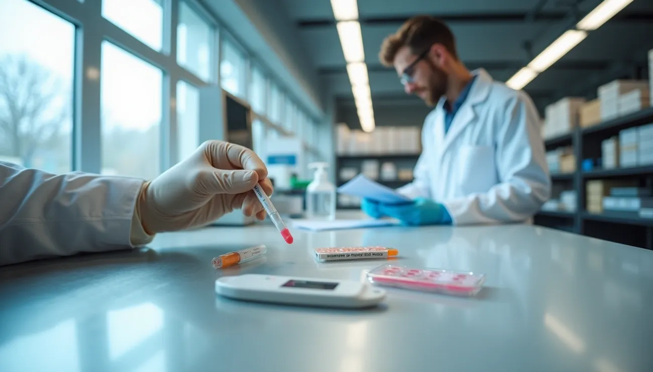Scientist in a lab holding a test tube with pink liquid, with lab equipment and another scientist in the background.