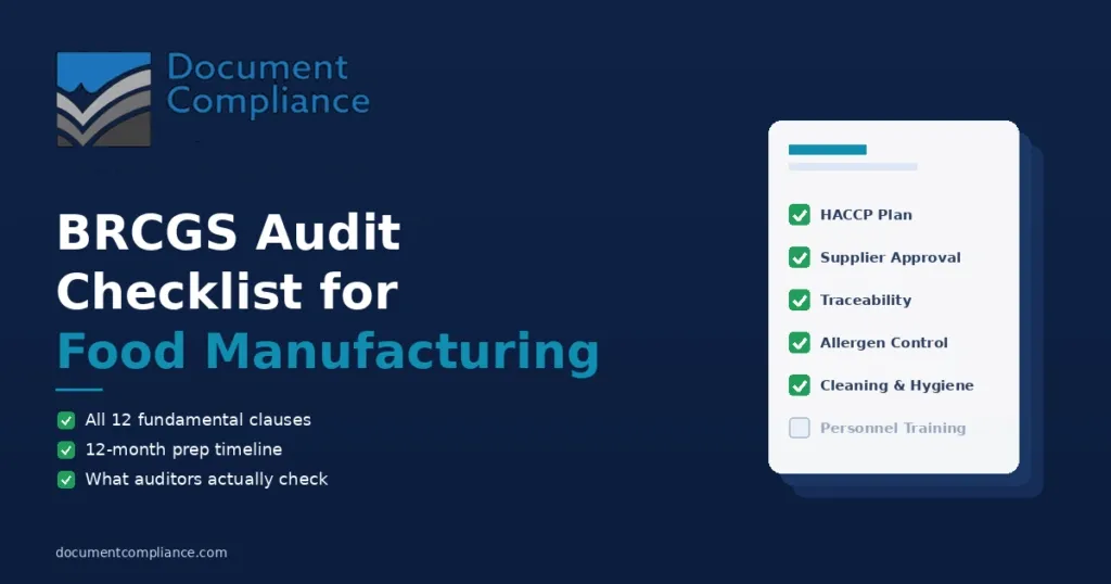 BRCGS Audit Checklist for Food Manufacturing Issue 9 with key audit points and document compliance branding.