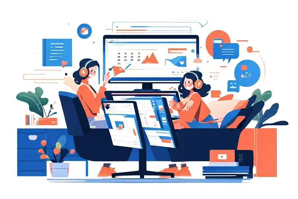 Two people with headsets working on multiple screens with data charts in a modern office setting.
