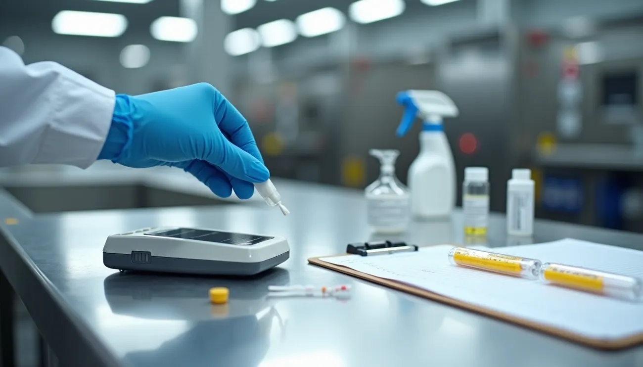 Gloved hand using an ATP testing device on a stainless steel surface with lab equipment in the background.