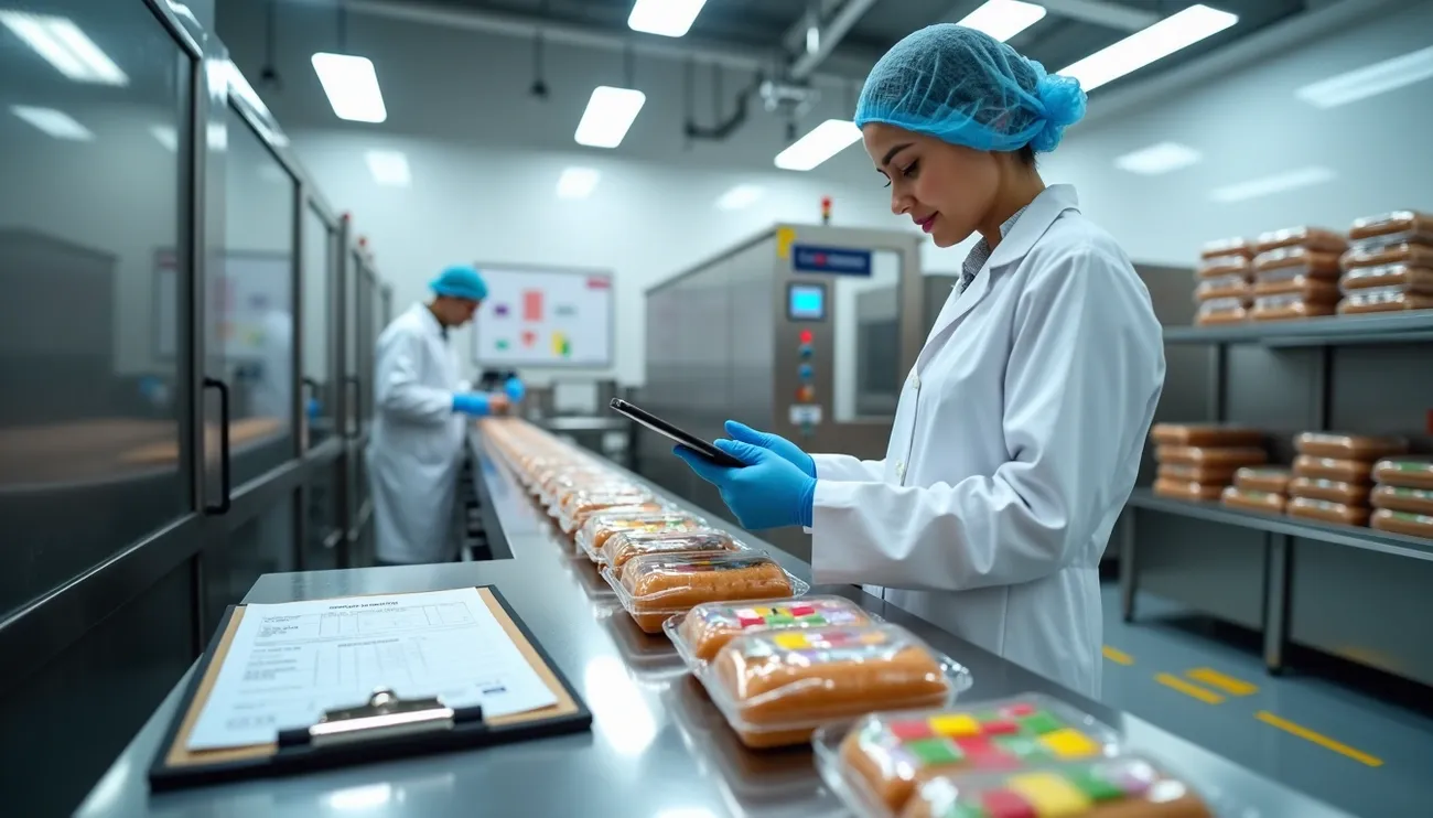 Food safety workers in lab coats and gloves inspect packaged food products on a conveyor belt in a factory setting.