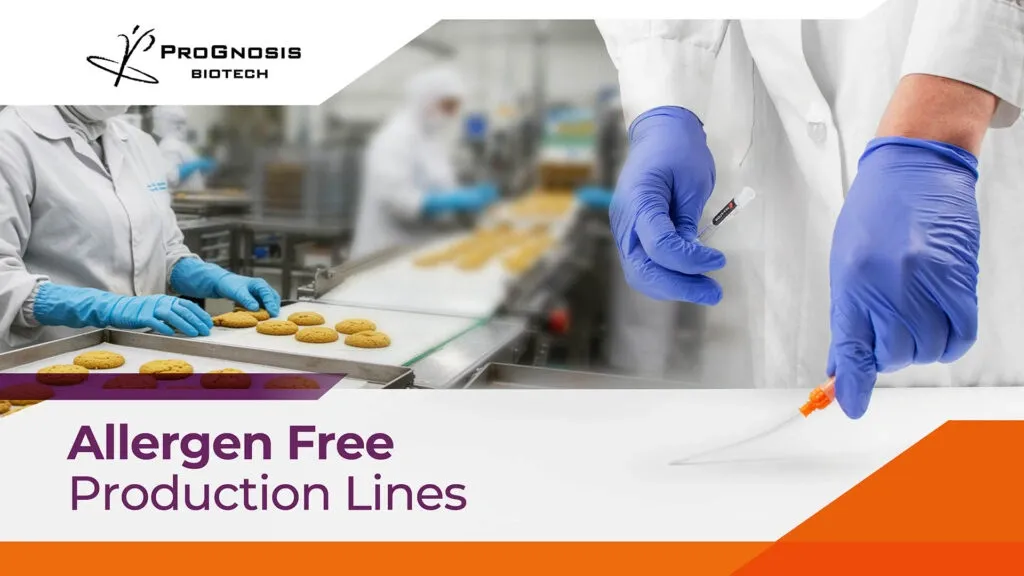 Food production workers wearing gloves handle allergen-free cookies and conduct allergen testing with lateral flow and ELISA methods.