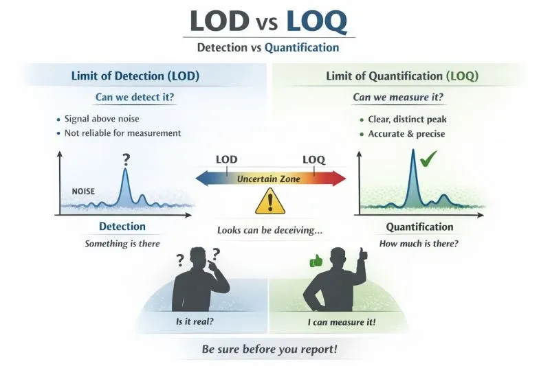 Comparison of Limit of Detection (LOD) and Limit of Quantification (LOQ) highlighting detection vs quantification accuracy.