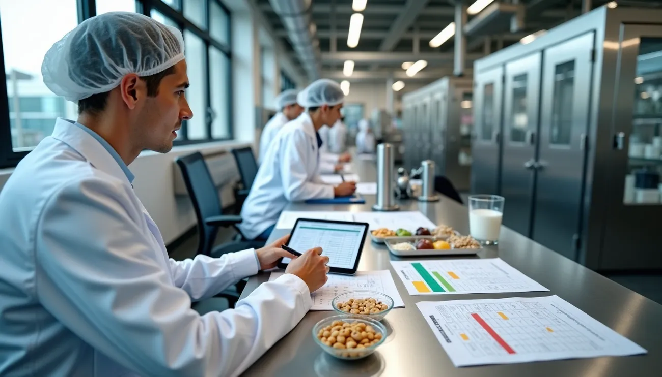 Food scientists in lab coats and hairnets conducting allergen risk assessments using charts and samples in a lab setting.