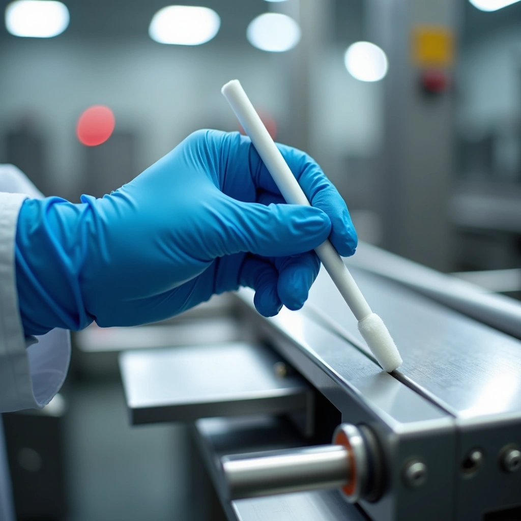 Gloved hand swabbing a stainless steel surface in a food production facility for allergen verification sampling.
