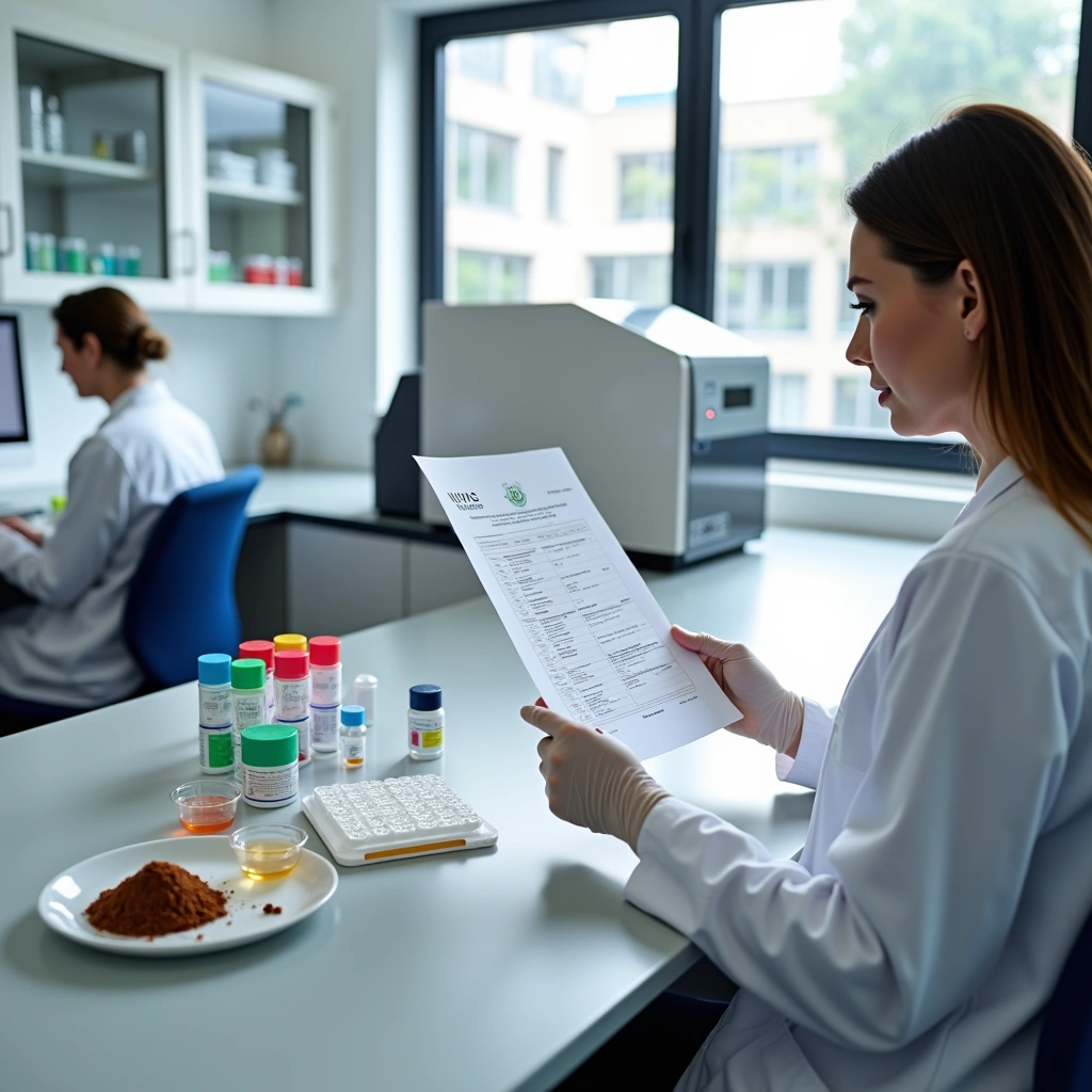 Scientists in a lab reviewing allergen testing documents with lab equipment and samples on the table near a window.