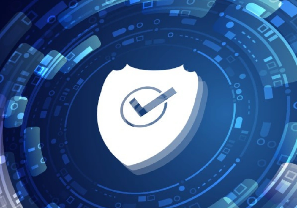 White shield with a checkmark surrounded by blue digital circular patterns representing security and verification.