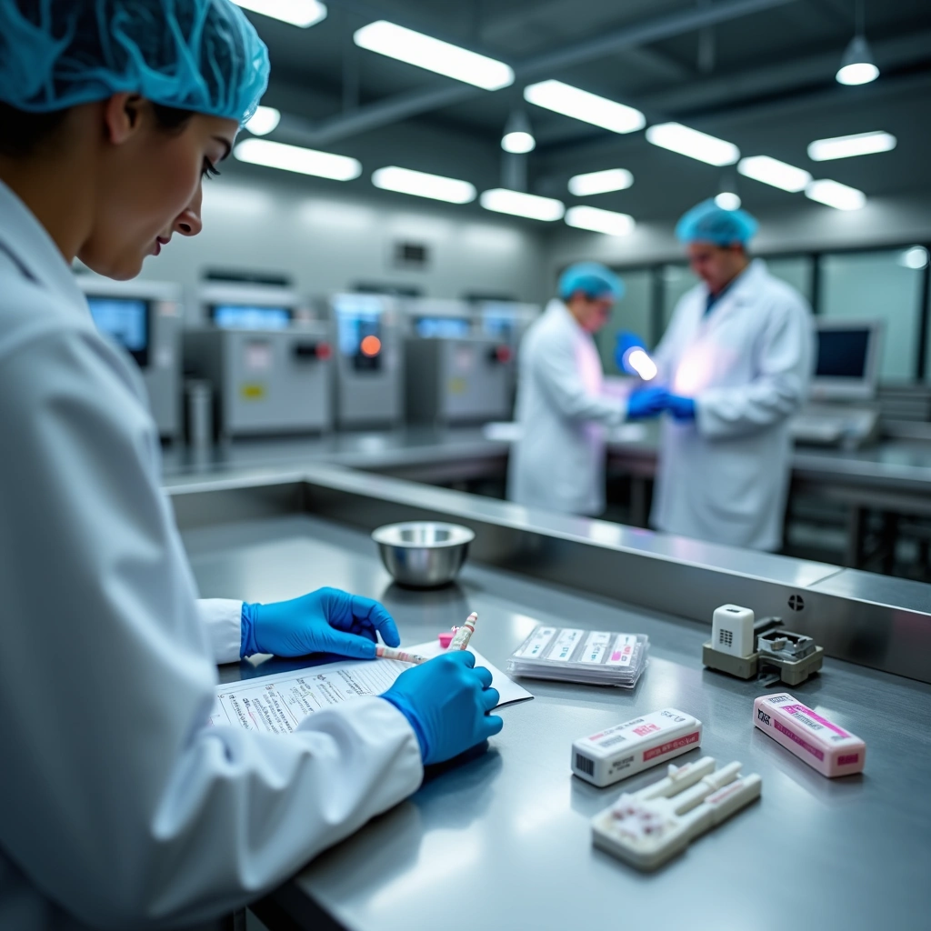 Laboratory technicians in protective gear conducting allergen testing with rapid test kits and recording results in a modern lab.