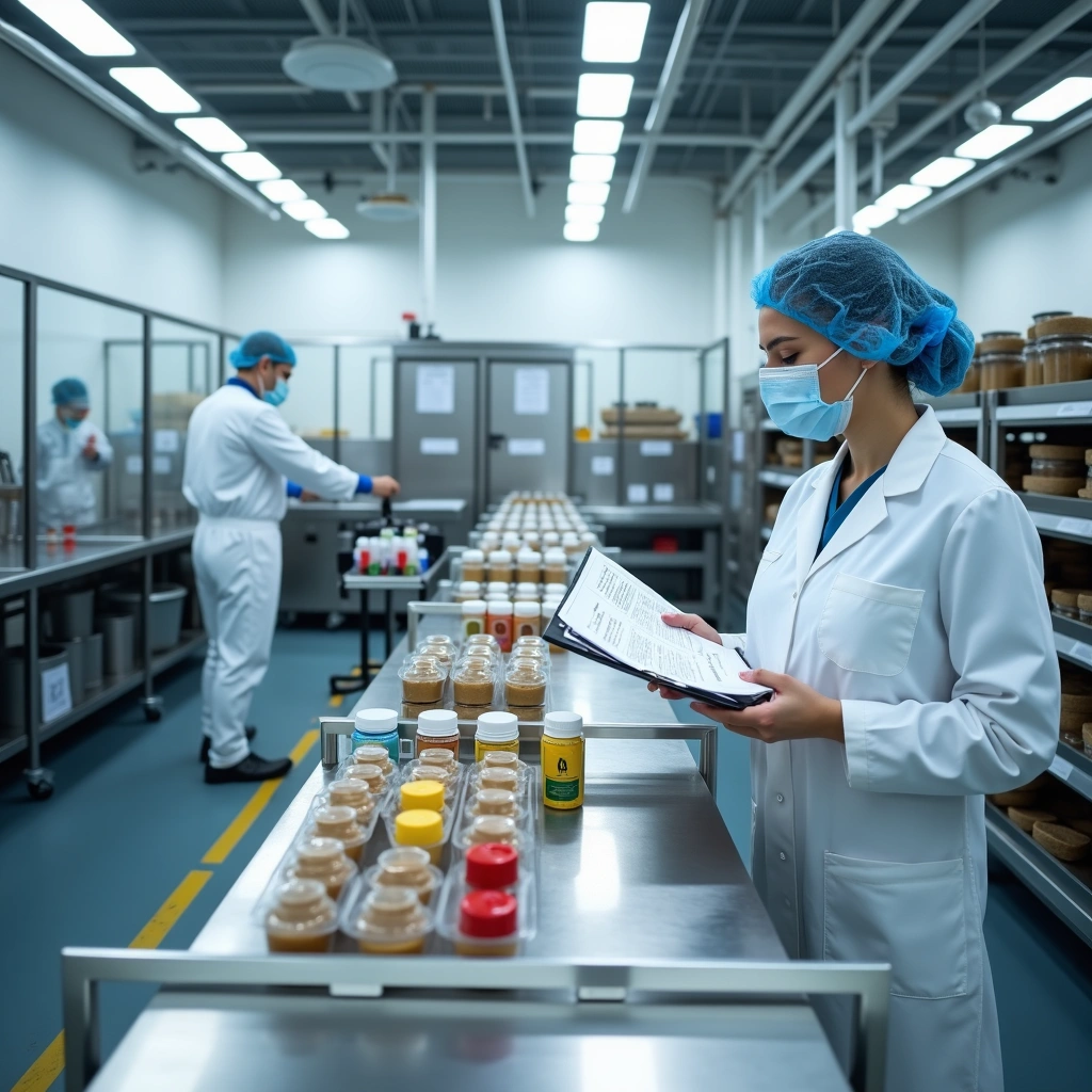 Lab technicians in protective gear inspect and document jars in a food safety testing facility.