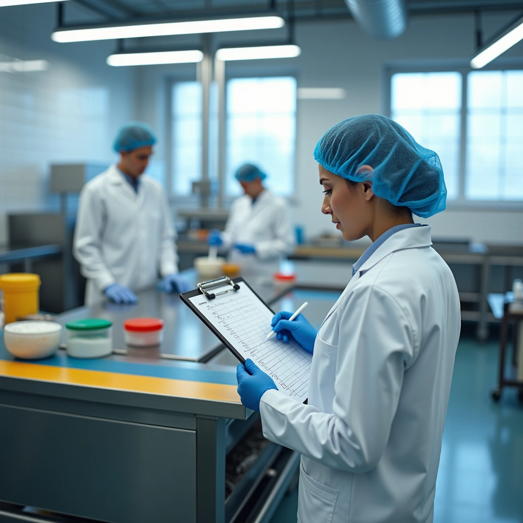 Laboratory workers in protective gear inspecting and documenting allergen management compliance in a food safety facility.