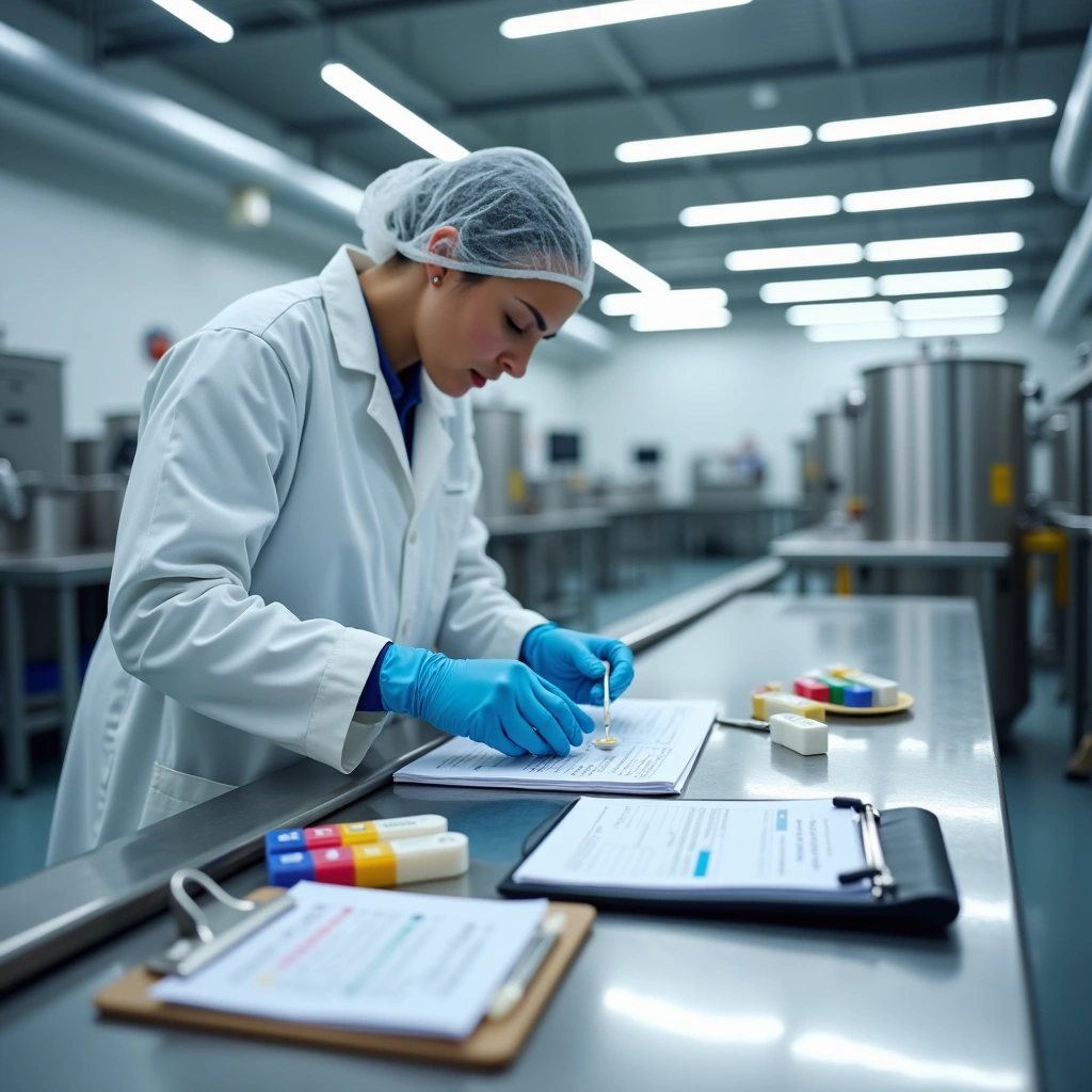 Lab technician in protective gear performing allergen testing and recording data in a food safety facility.