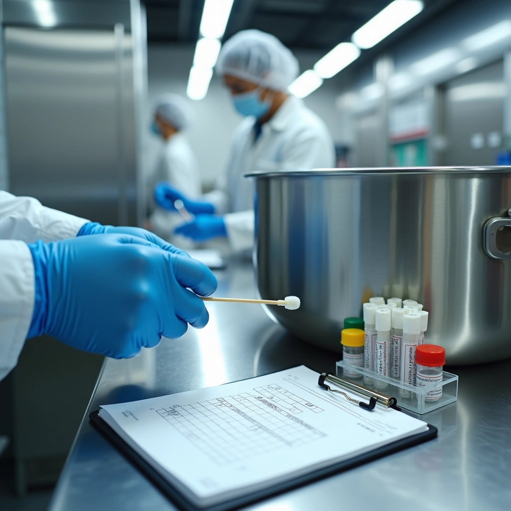 Lab technician in protective gear holding a swab near test tubes and a clipboard for allergen retesting verification.