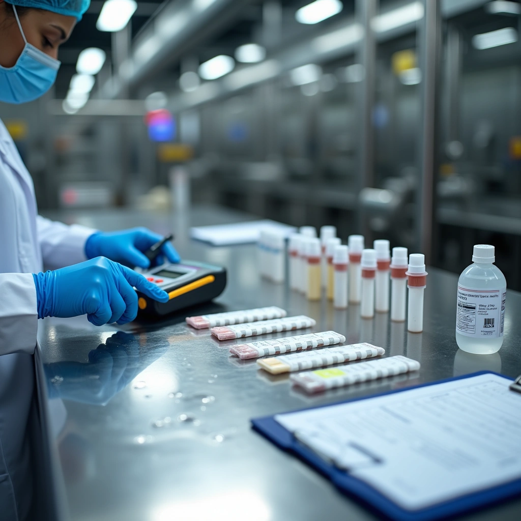 Scientist in PPE using a device to test allergen samples in a lab with test tubes and rapid test strips on a metal table.