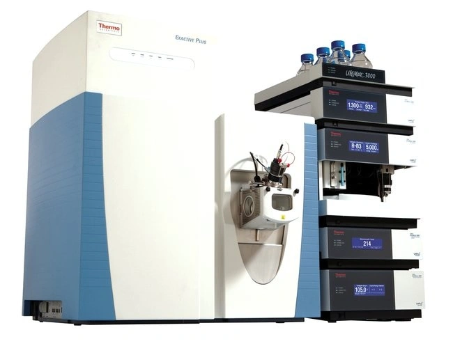 Thermo Scientific Exactive Plus Orbitrap LC/MS system with multiple stacked modules and sample vials on top.