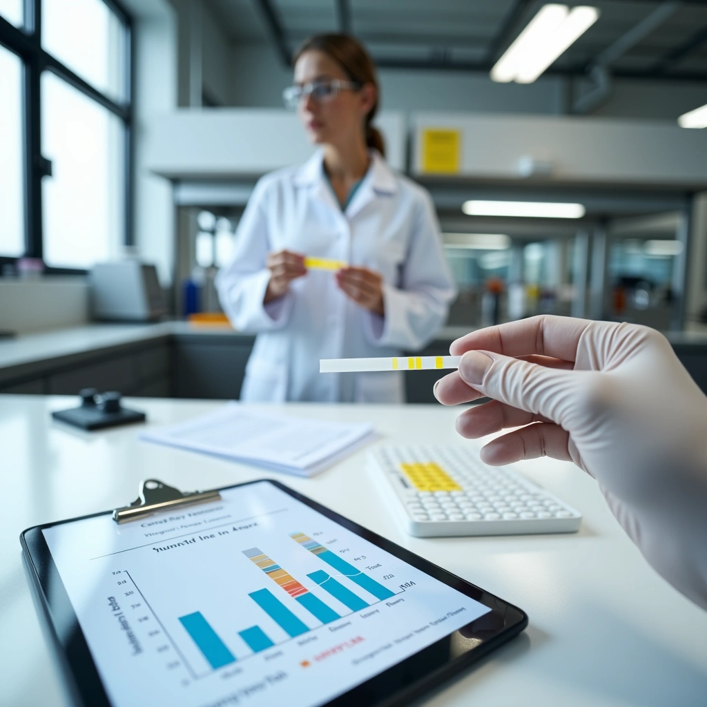 Scientist holding allergen test strips with lab data and charts visible on a tablet in a laboratory setting.
