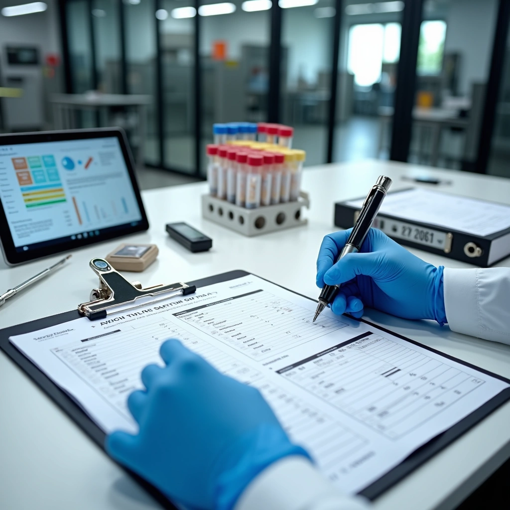 Person wearing blue gloves filling out allergen verification records on a clipboard in a laboratory setting.