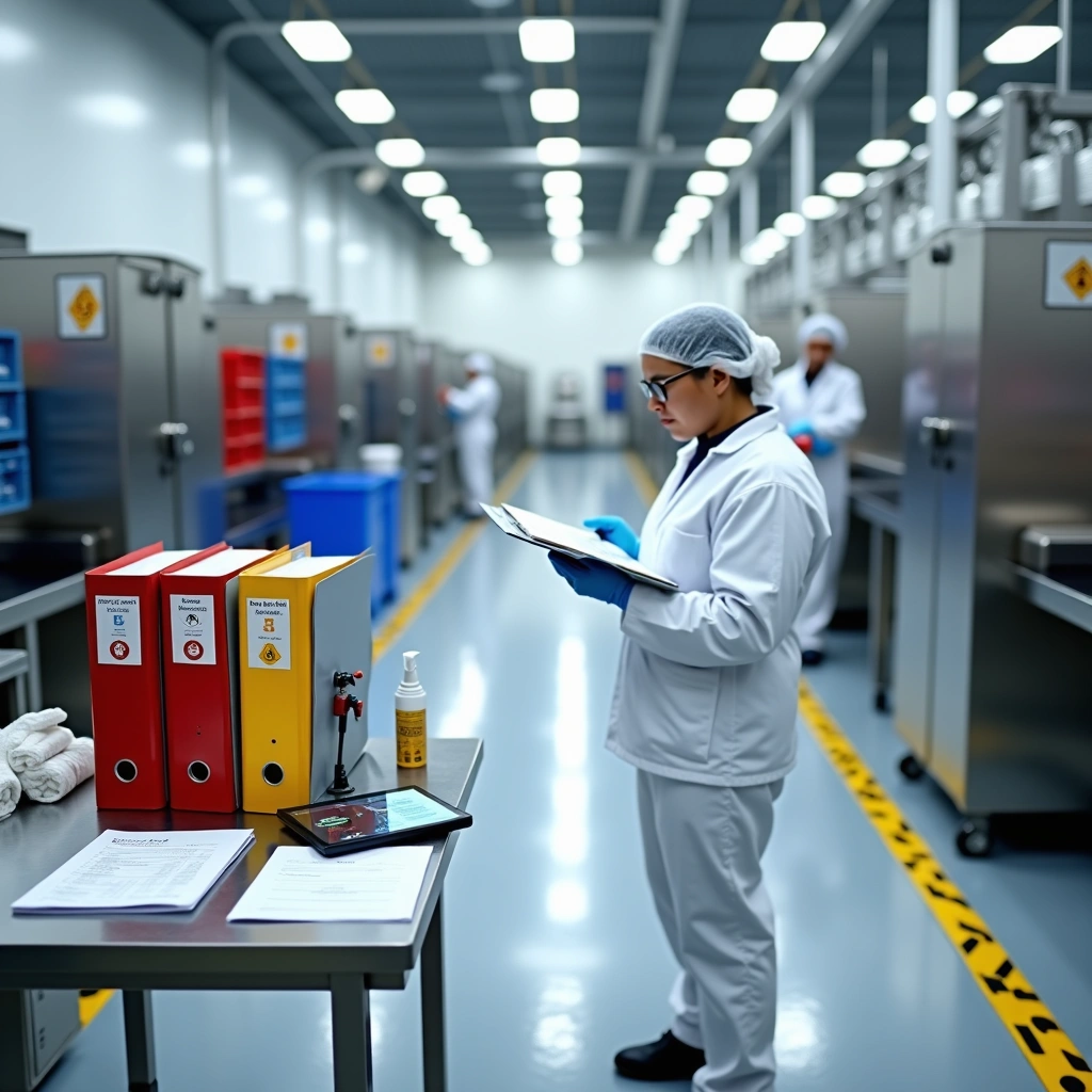 Worker in protective clothing reviews documents in a clean factory ensuring allergen control readiness during unannounced audits.