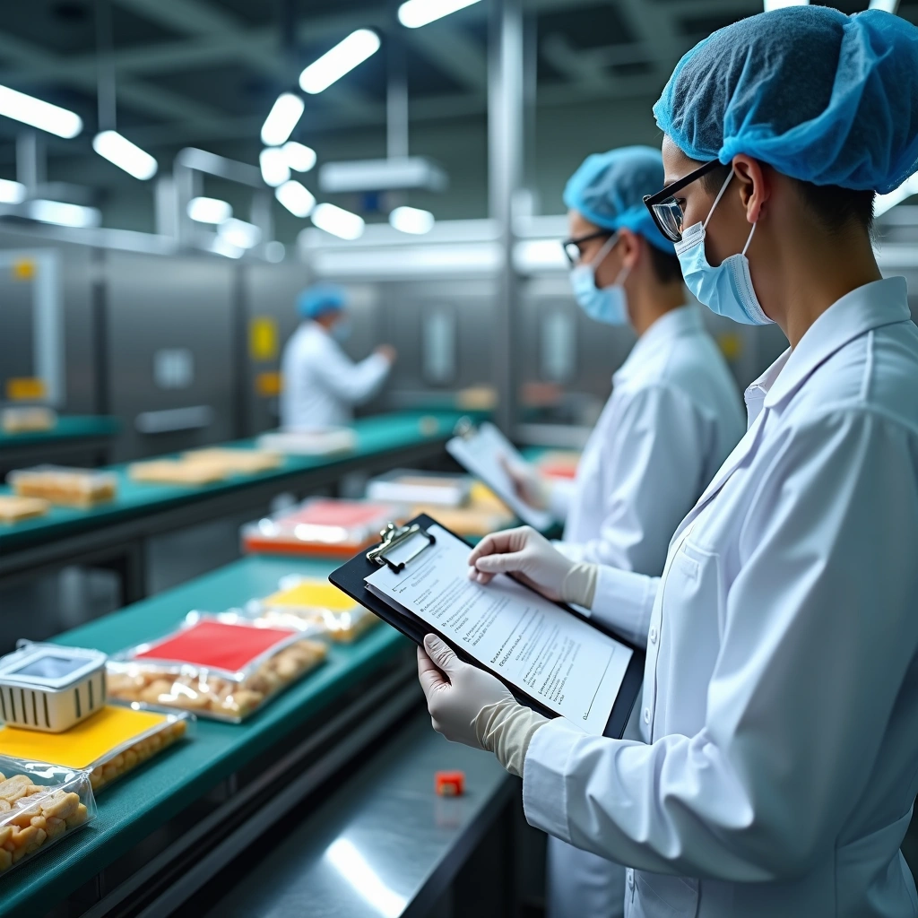 Food safety inspectors in protective gear auditing packaged products on a factory production line to prevent allergen non-conformities.