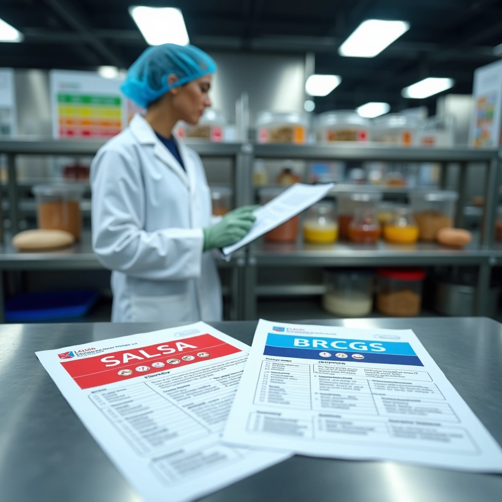 Two allergen control certification documents, SALSA and BRCGS, on a table with a lab technician in the background.