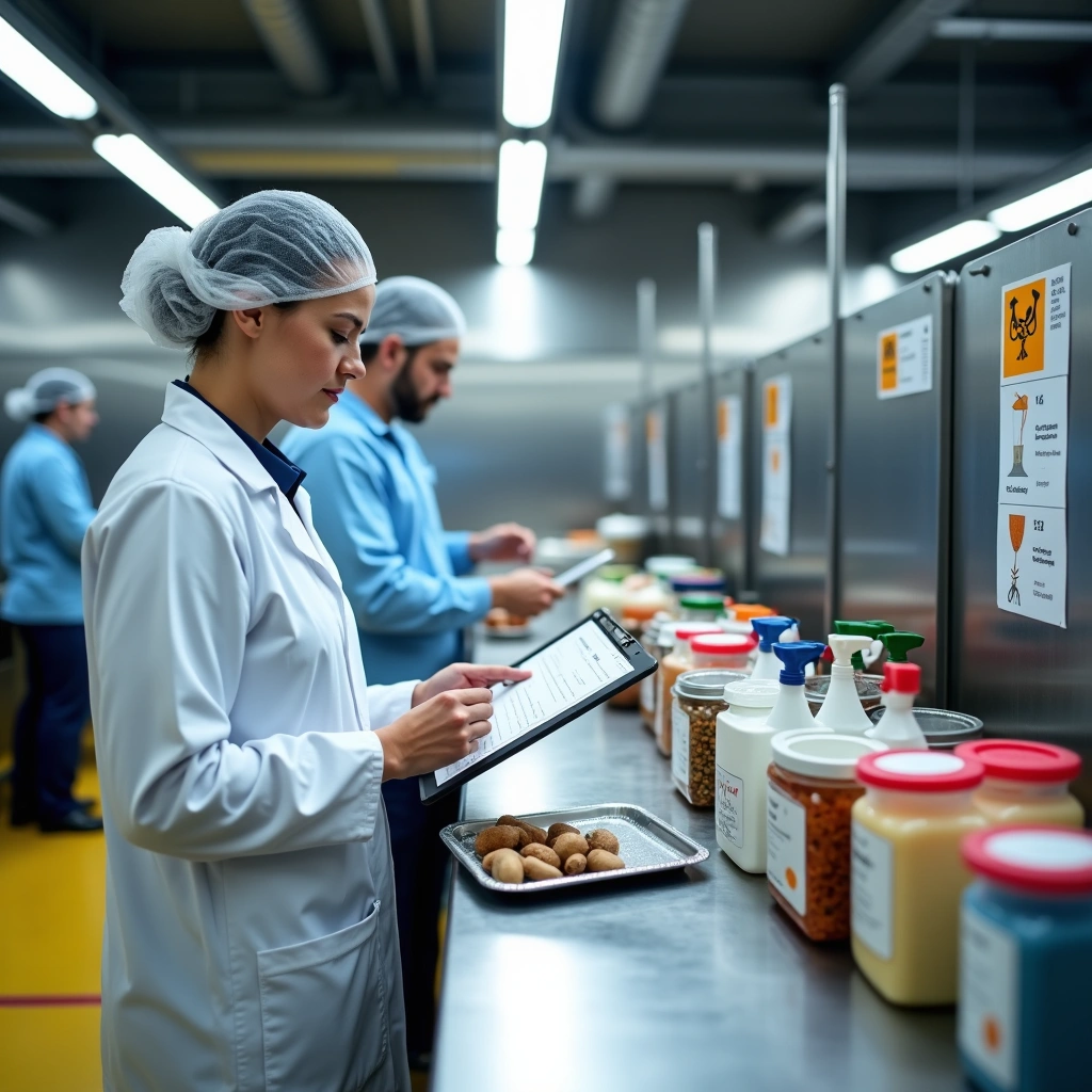 Food safety inspectors in protective gear checking allergen labels and ingredients in a food production facility.