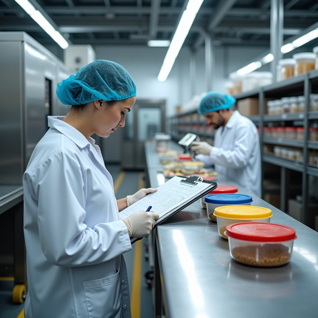 Two food safety inspectors in lab coats and hairnets checking allergen controls in a food processing facility.